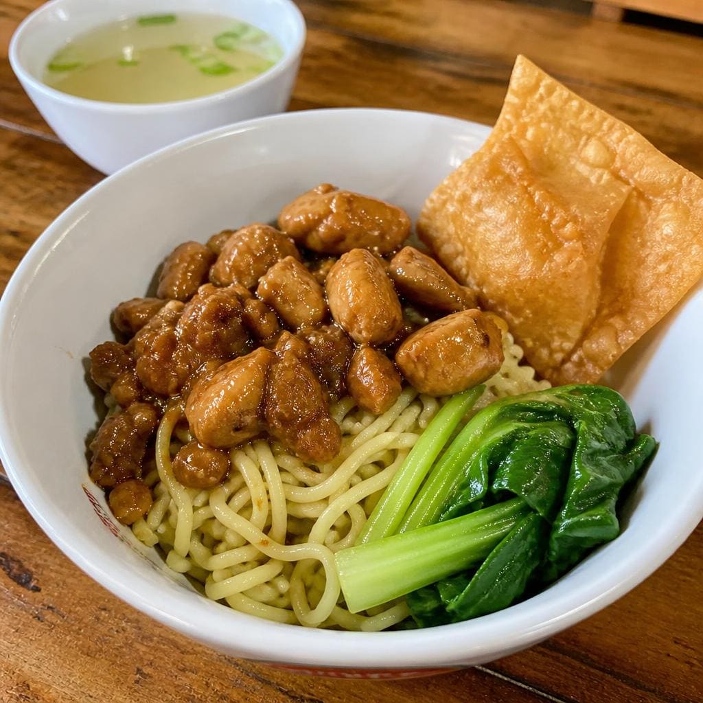 Mie Ayam Pangsit Goreng Es Teler 77 dengan pangsit goreng